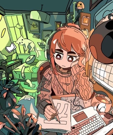 Fluent artist girl - Hand-drawn digital artwork with artistic character study